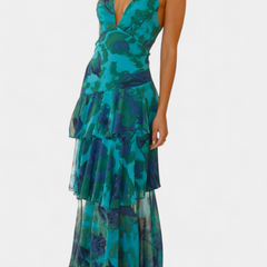 V-neck tiered ruffle maxi dress with spaghetti straps, teal abstract print