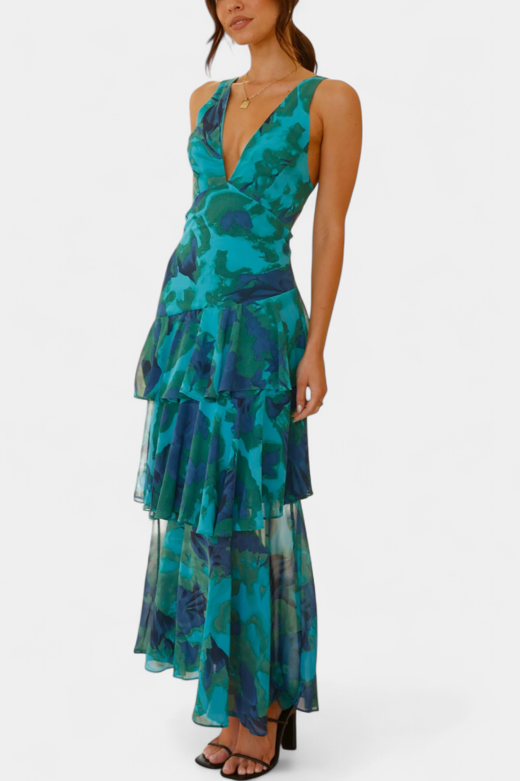 V-neck tiered ruffle maxi dress with spaghetti straps, teal abstract print