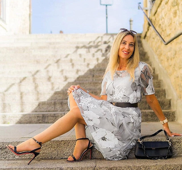 Gray floral midi dress with scoop neckline and gathered waist, short sleeves