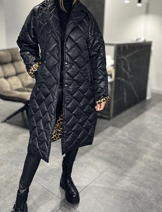 Kendall black quilted coat with leopard-print lining at the cuffs and hem