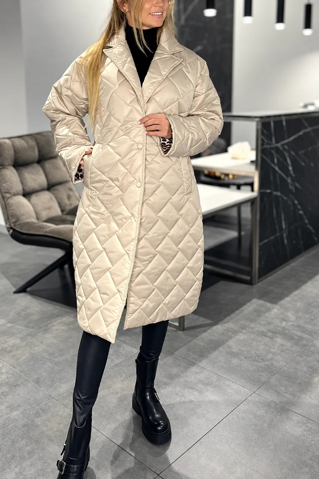 Kendall beige quilted coat with leopard-print lining at the cuffs