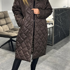 Kendall dark brown quilted coat with leopard-print lining visible at the cuffs and front