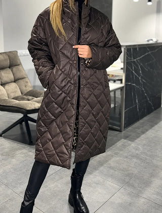 Kendall dark brown quilted coat with leopard-print lining visible at the cuffs and front