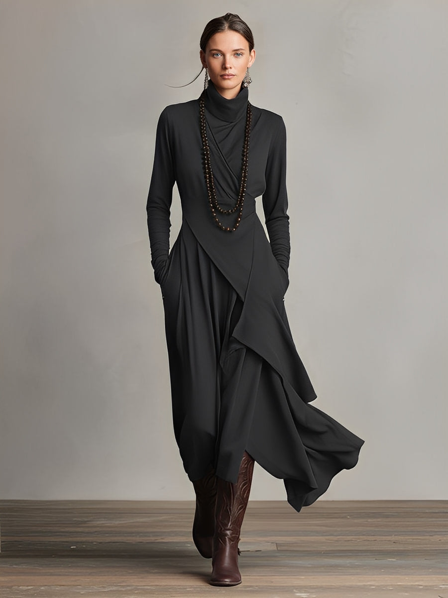 Black asymmetrical maxi knit dress with roll neck and draped wrap front, long sleeves