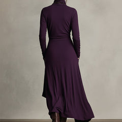 Purple asymmetrical maxi knit dress with roll neck and draped back skirt