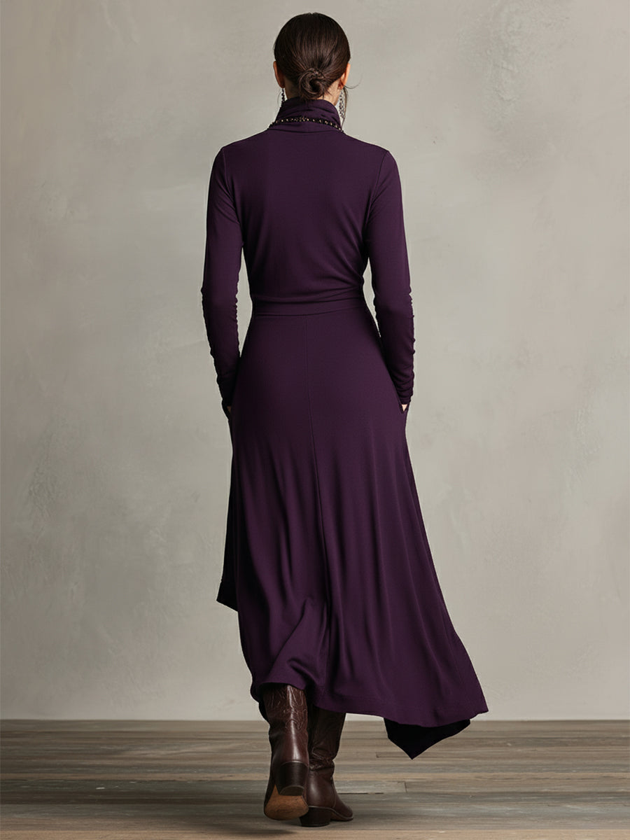 Purple asymmetrical maxi knit dress with roll neck and draped back skirt