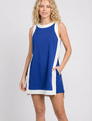 Blue sleeveless tunic dress with white side panel stripes and hem band trim