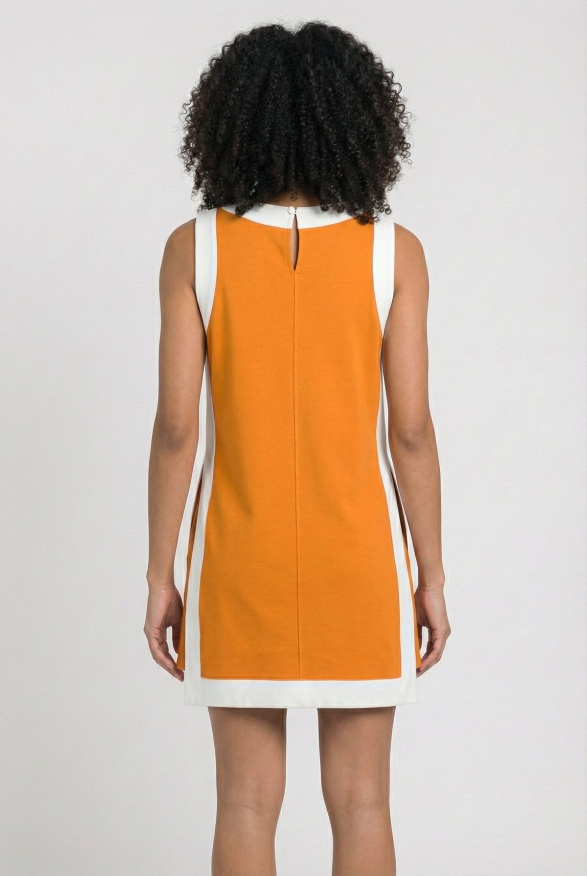 Orange sleeveless tunic dress with white side stripes and back neckline keyhole seam
