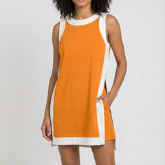 Orange sleeveless tunic dress with white crew neck and hem trim, side tie detail