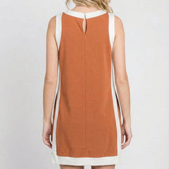 Burnt orange sleeveless tunic dress set with white-trim hem and keyhole back