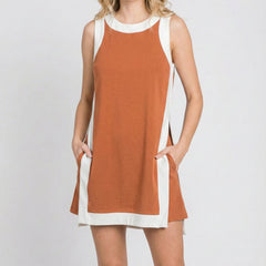 Burnt orange sleeveless tunic dress set with white crew neck and contrast side panels