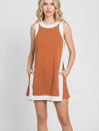 Burnt orange sleeveless tunic dress set with white crew neck and contrast side panels