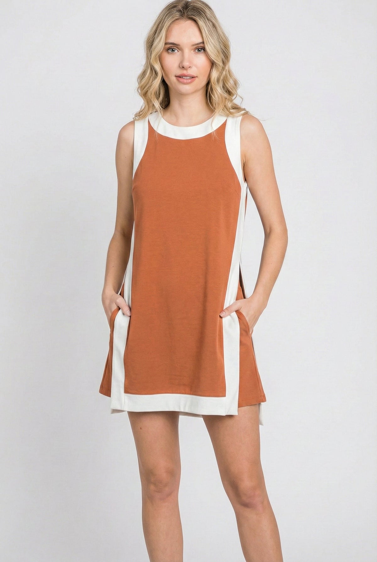 Burnt orange sleeveless tunic dress set with white crew neck and contrast side panels