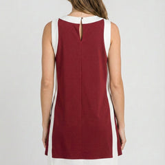 Crimson sleeveless dress back view with white side stripes and keyhole notch