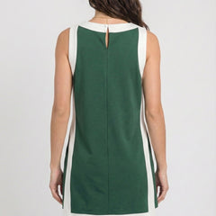 Game day set dress back view, sleeveless dark green with white side panels