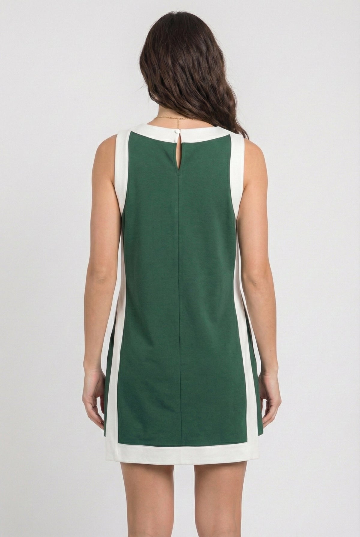 Game day set dress back view, sleeveless dark green with white side panels