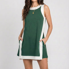 Game day set dress, sleeveless dark green with white side panels and crew neckline