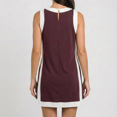 Maroon sleeveless dress back view with white side stripes and keyhole notch
