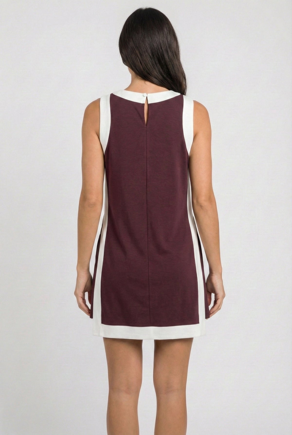 Maroon sleeveless dress back view with white side stripes and keyhole notch