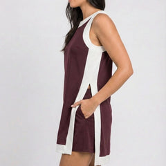Maroon sleeveless dress with white side panels and crew neckline