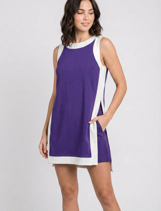 Sleeveless purple game day dress with white side panels and scoop neckline