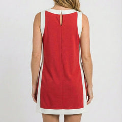 Red sleeveless tunic dress set with keyhole back and white-trim hem