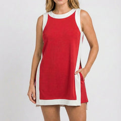 Red sleeveless tunic dress set with white crew neck and contrast side panels