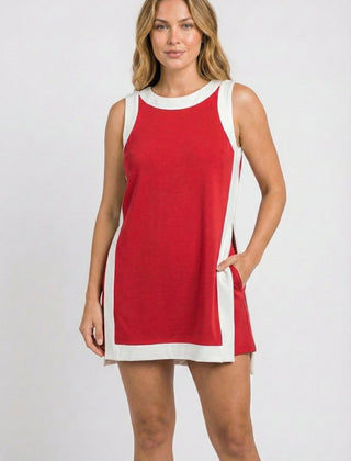 Red sleeveless tunic dress set with white crew neck and contrast side panels