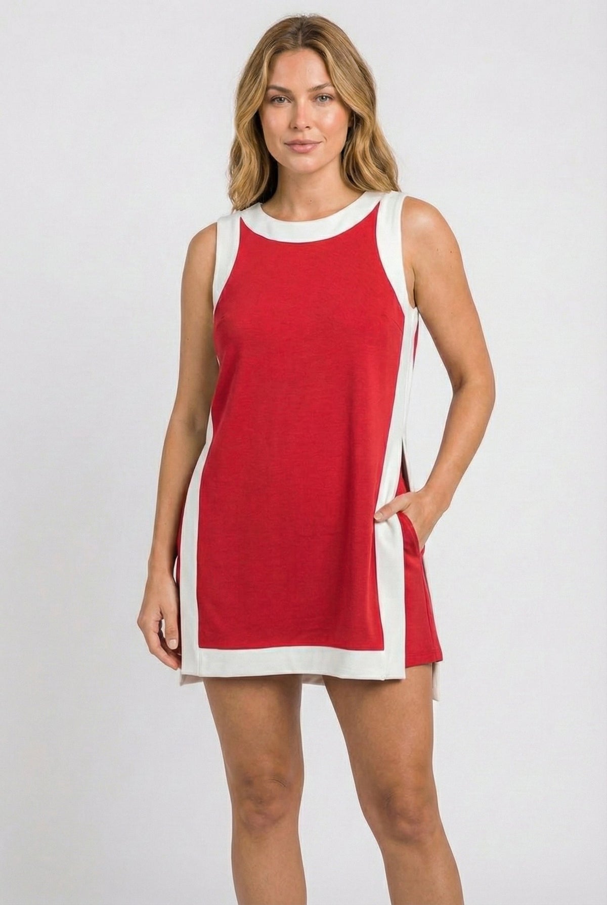Red sleeveless tunic dress set with white crew neck and contrast side panels