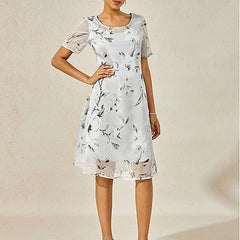 Gray floral print midi dress, round neckline, short sleeves, flared skirt