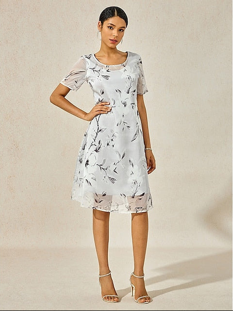 Gray floral print midi dress, round neckline, short sleeves, flared skirt