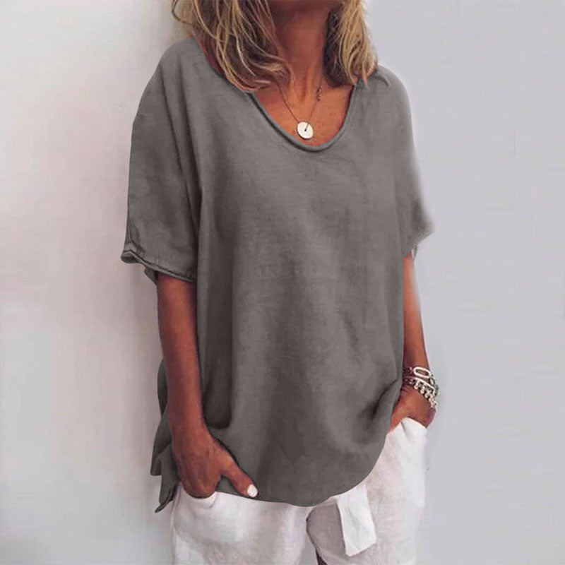 Loose fit short-sleeve top with scoop neck, dark gray