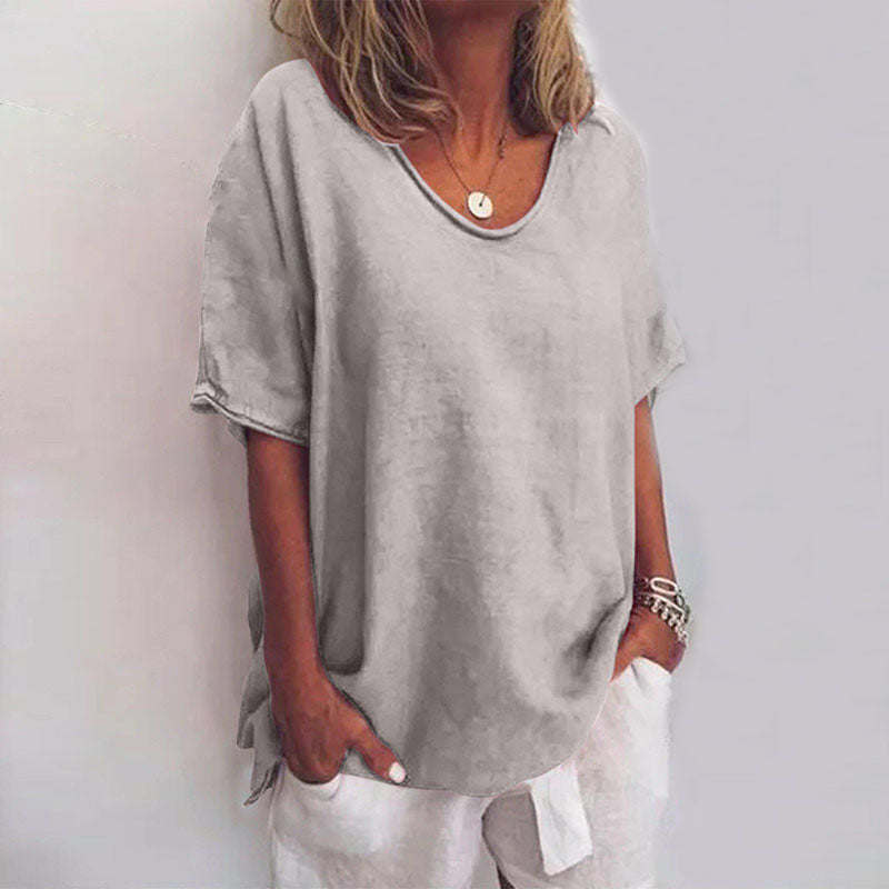 Loose fit short-sleeve top with scoop neck, light gray