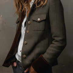 Olive herringbone jacket with asymmetrical flap pockets, gold-tone button closure