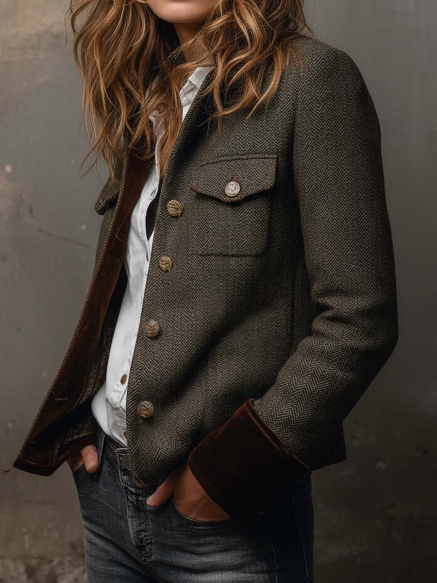 Olive herringbone jacket with asymmetrical flap pockets, gold-tone button closure