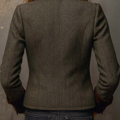 Olive herringbone jacket back view with structured seams and long sleeves