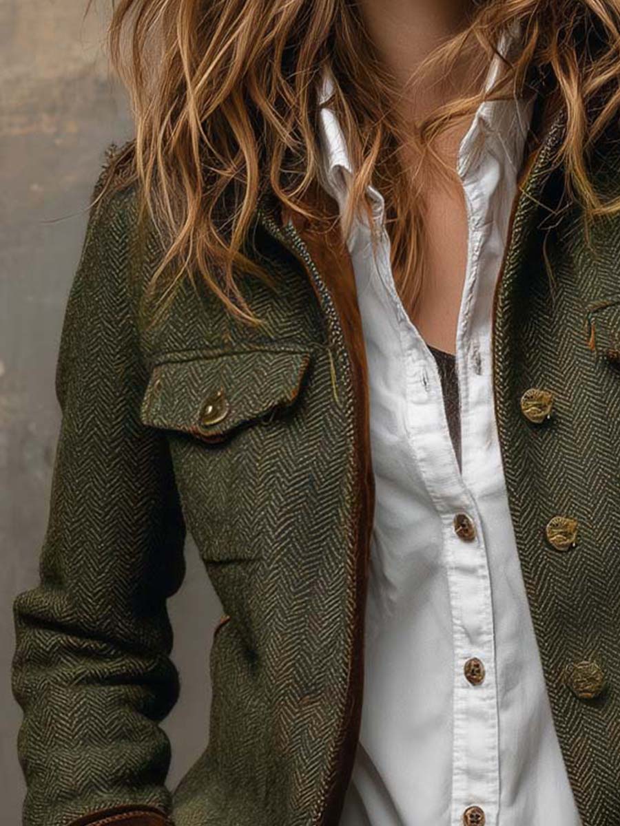 Olive herringbone jacket with flap chest pocket, gold-tone buttons, and open collar