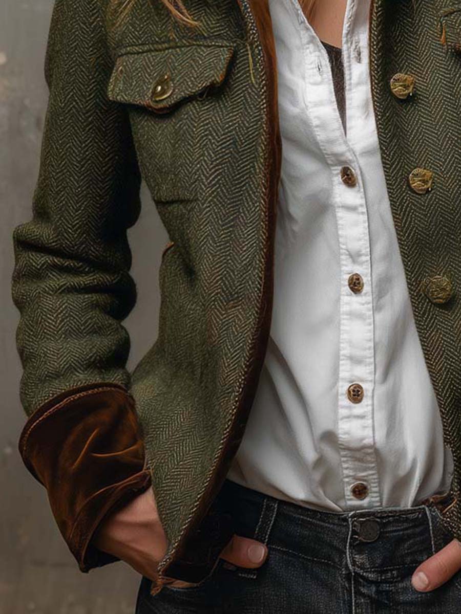 Olive herringbone jacket sleeve and chest pocket with gold-tone buttons over white blouse