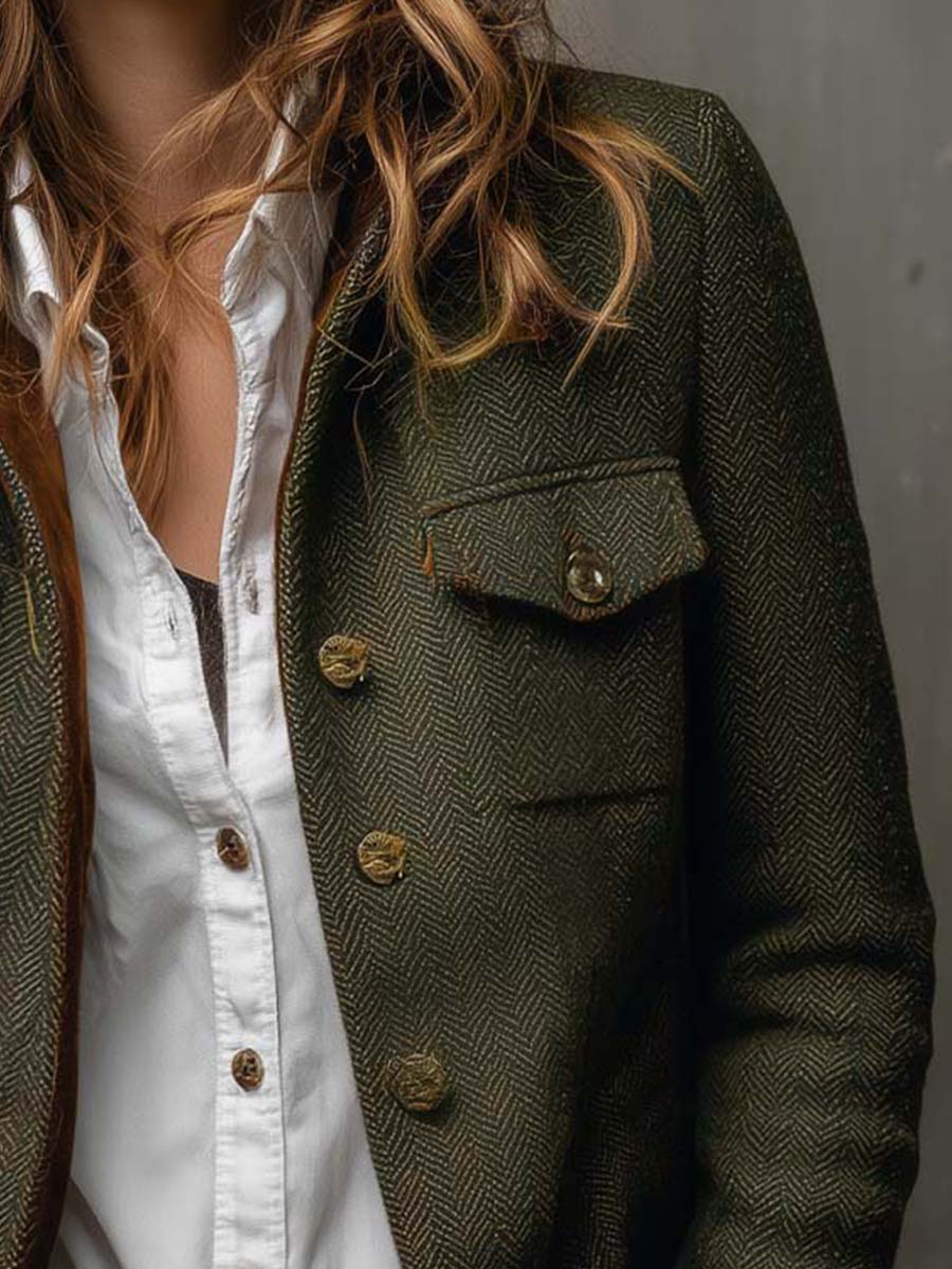 Olive herringbone jacket showing partial button placket and flap chest pocket