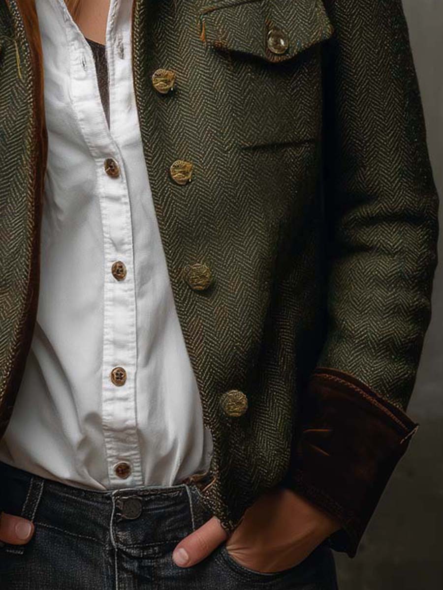 Olive herringbone jacket with gold-tone button rows and flap pocket near hem