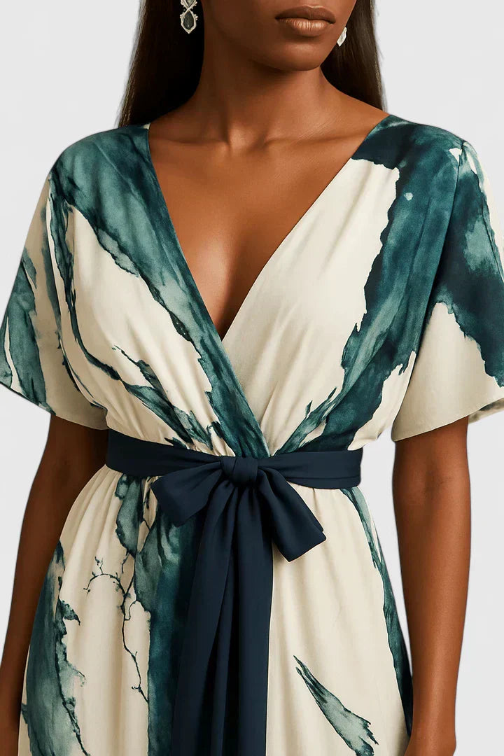 Wrap maxi dress, V-neck, short sleeves; cream with green abstract print and tied belt