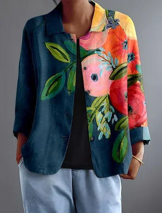 Multicolor floral leaf button-front blouse with dark blue panel and 3/4 sleeves
