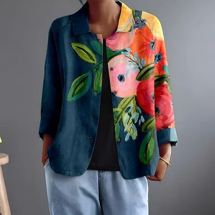 Multicolor floral leaf button-front blouse with dark blue panel and 3/4 sleeves