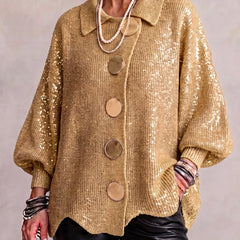 Oversized collared button cardigan, gold sequin knit with drop-shoulder sleeves