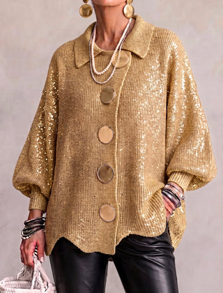 Oversized collared button cardigan, gold sequin knit with drop-shoulder sleeves