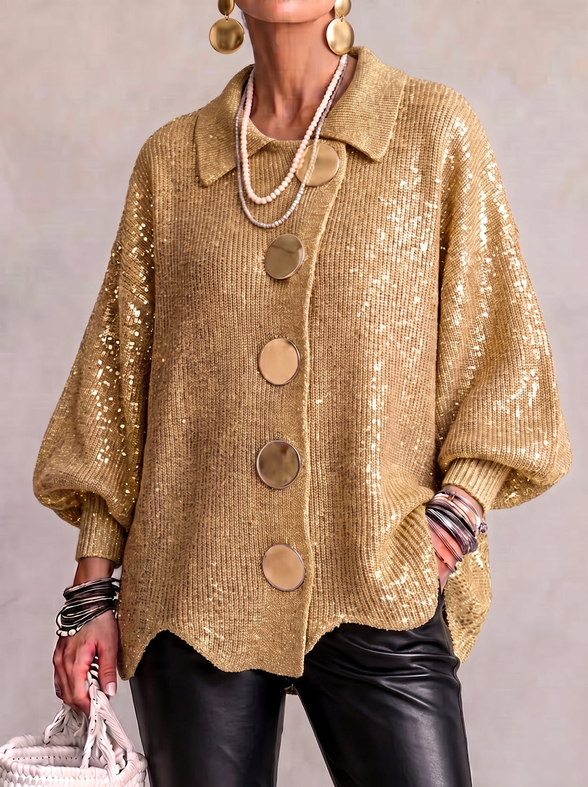 Oversized collared button cardigan, gold sequin knit with drop-shoulder sleeves