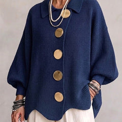 Oversized collared button cardigan, navy blue knit with drop-shoulder sleeves
