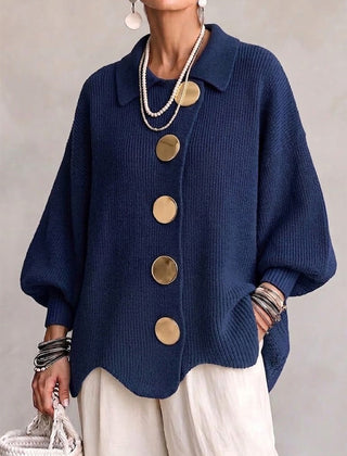 Oversized collared button cardigan, navy blue knit with drop-shoulder sleeves