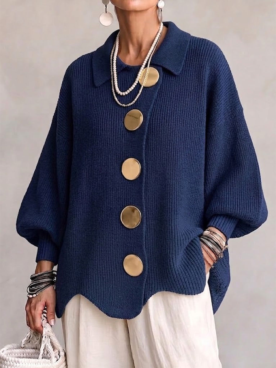Oversized collared button cardigan, navy blue knit with drop-shoulder sleeves