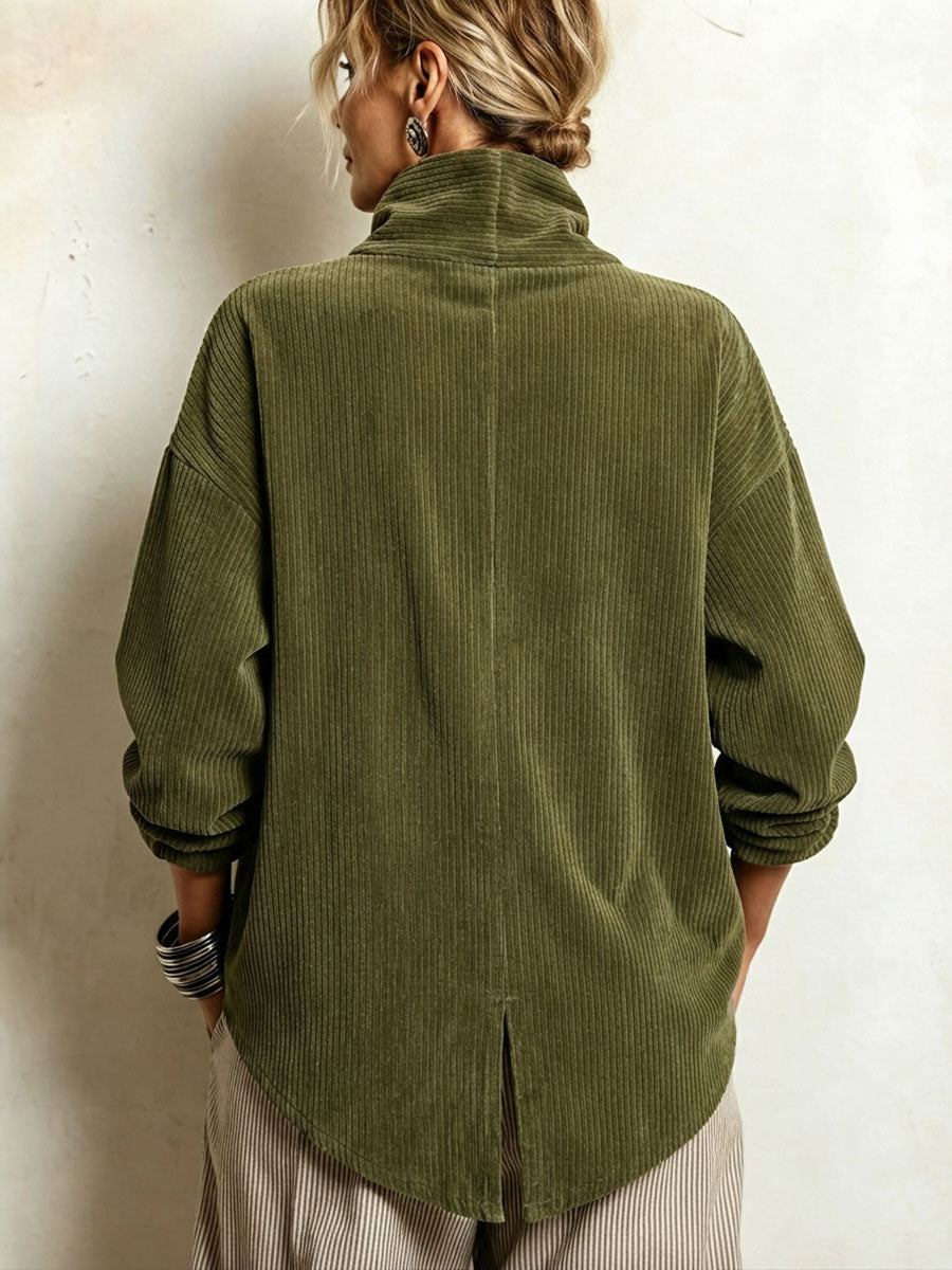 Olive corduroy button-up top, back view with mock neck and vertical center seam.